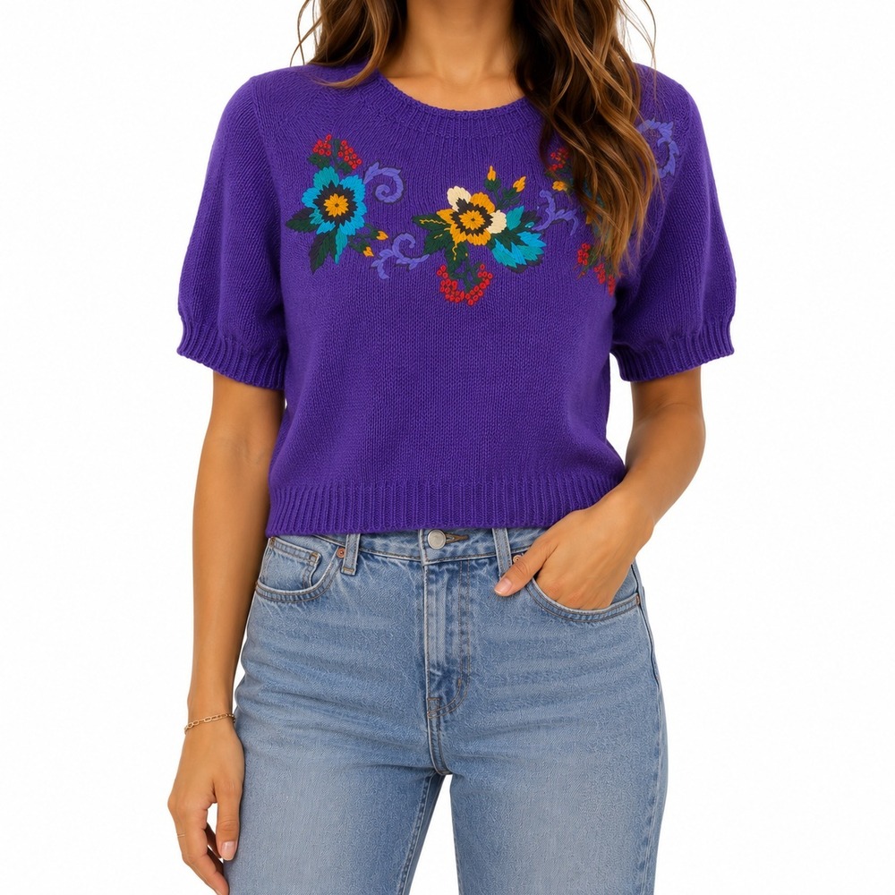 Vtg 90s Y2K Norton McNaughton Knit Sweater Womens M Purple Floral Embroidered